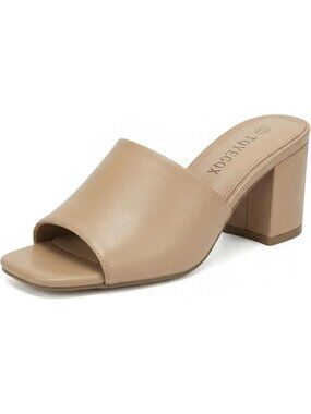 Women's Apricot Knit Comfortable Square Open Toe Chunky Block Low Sandals Heels